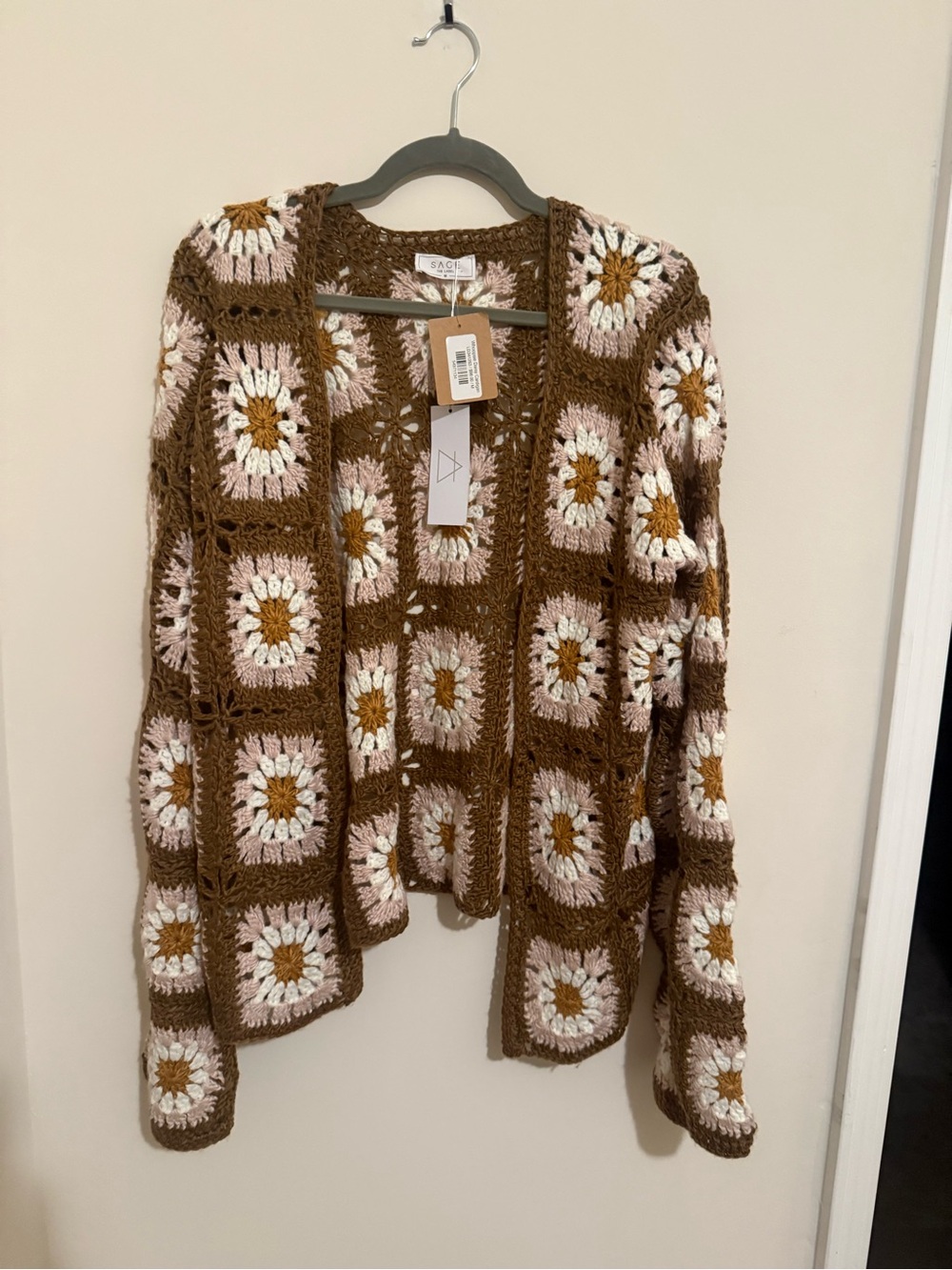 Sage Brown Crochet Granny Square Cardigan with White & Mustard Accents